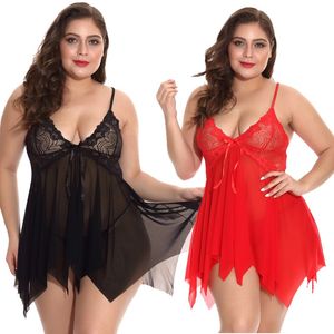 Kobiety Sexy Kwiatowe Koronki Kubki Siatki Nieregularne Hem Babydoll Chemise z satynowym łukiem ACCENT Big Lady Plus Rozmiar 1x-4x Sheer Lingerie Panty Set