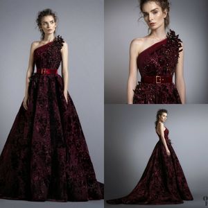Burgundy Suknie wieczorowe Jedno ramię Velvet Koronki Appliqued Zroszony Cekiny Linia Prom Dress Custom Made Luksusowe Formalne Suknie Party