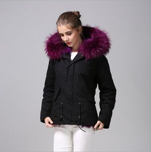 marca Beauitful Meifeng pele de guaxinim roxo guarnição raposa roxo alinhado pele Mini Black casacos mulheres neve parka casacos com zíper YKK