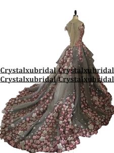 2021 Real Image Ball Gown Quinceanera Dresses Pink 3D Flowers Gray Lace Appliques Cap Sleeves Peplum Sweet 16 Floor Length Prom Evening Gowns