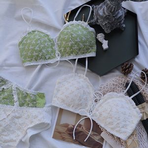 Bras Sets Lolita Luxury Wire Free Bra And Panty Girl Teen Underwear Lounge Set Women Intimates Embroidery Lingerie Bralette Top Green 2021