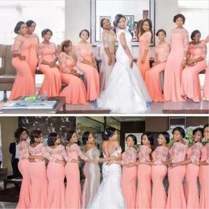 Nigerian African Plus Size Bridesmaid Dresses Coral Half Long Sleeves Top Lace Sweep Train Party Dress Maid Of Honor Evening Occasion Gowns