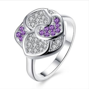 EPACTET DHL Plated Sterling Silver Flower Purple Cyrkon Ring DHSR350 US Rozmiar 8; Moda damska 925 Srebrna płyta Trzy kamienne pierścienie Biżuteria