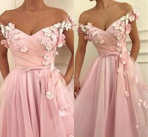 Classic Pink Evening Dresses With Hand Made Flowers Off Shoulders 2019 Arabic Vestidos A Line Pearls Floor Length Prom Dress