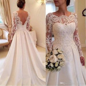 Moda linda jóia uma linha lace applique frisado mangas compridas sexy vestidos de noiva vestido de casamento feito sob encomenda