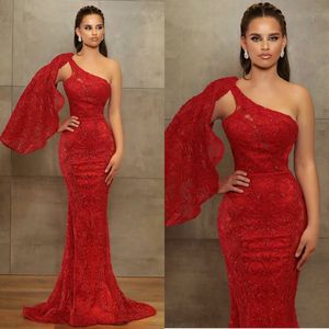 Red Mermaid Evening Gowns One Shoulder Sequins Beading Prom Dress Custom Made Fashion Formal Runway Wear Party Dress robes de soirée