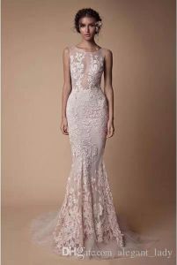 Berta Lace Aplikacja Syrenki Suknie Wieczorowe Nosić 2018 Sheer Neck Backless Pełna długość Custom Make Fishtail Prom Pageant Suknie Tanie