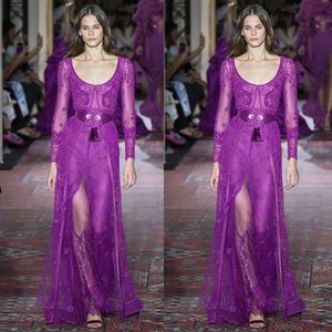 Zuhair Murad Purple Evening Dresses Scoop Neck Long Sleeve Illusion Party Gown Floor Length Prom Party Gowns