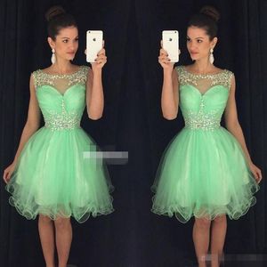 Abiti corti da ritorno a casa corti verde menta con perline trasparenti con scollo rotondo in tulle, mini abito da ballo con coda per festa di laurea, realizzato su misura 401 401