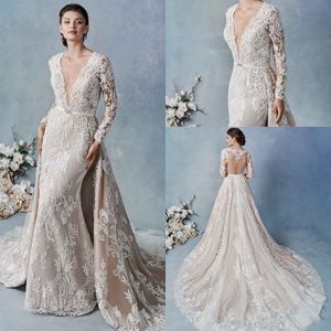 Luksusowa Mermaid Kenneth Winston Suknie Ślubne V Neck Z Długim Rękawem Tulle Lace Aplikacja Odłączana suknia ślubna Sweept Robe de Mariée