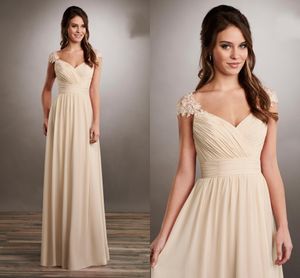 シャンパンプリーツ帝国ウエストの花嫁のドレス2019アップリケシフォンキャップスリーブ恋人エレガントなフォーマルイブニングドレス女性