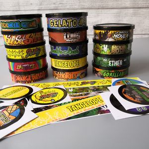 20 flavor Tuna Tin can Jars With Stickers Moonrock 73.3X24mm Cali pressitin Candry Herb Tin Clear Peel Off Lid black Cover Smell proof
