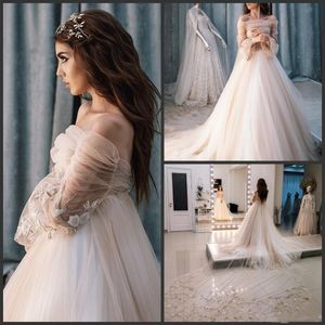 A Line Tulle Long Sleeve Wedding Gowns Off Shoulder Pricess Boho Berta Bridal Gowns Detachable Cathedral Train 2022