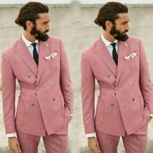 Pink Plaid Męska Ślub Smokingi Slim Fit Double Breasted Pearted Lapel Groom Nosić formalny obiad Prom Party Blazer Garnitury (kurtka + spodnie)