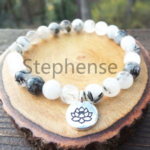 MG0681 A Grade Schwarzer Rutilquarz Lotus Charm Natürlicher 8 mm Edelstein Energiearmband Mode Damen Yoga Mala Armband