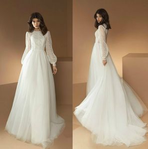 Gorący Sprzedam Koronki Suknie Ślubne Klejnoty Długie Rękawy Aplikacje Koronki Tulle Suknia Ślubna Elegancka Sweep Pociąg Custom Made Vestidos de Novia