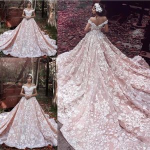 2019 Elie Saab Bohemian Wedding Dresses 3D Floral Handmade Flower Off Shoulder Dubai Arabic Bridal Gowns Sexy Backless A Line Wedding Dress