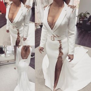 Projektant Zroszony Syrenka Backless Suknie Wieczorowe Głębokie V Neck Długie Rękawy Side Split Prom Suknie Sweep Satin Sukienka Formalna