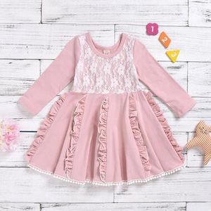Çocuk Tasarımcı Giysi Kızlar Uzun Kollu Elbise Yuvarlak Boyun Fırfır Dantel Prenses Elbiseler Bebek Kız Moda Katı Renk A Hattı Elbise ZYQ334