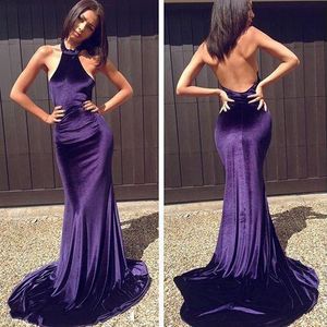 Purple Velvet Celebrity Evening Dresses Sexy Halter Neck Mermaid Prom Dress Long Formal Backless Red Carpet Party Gowns