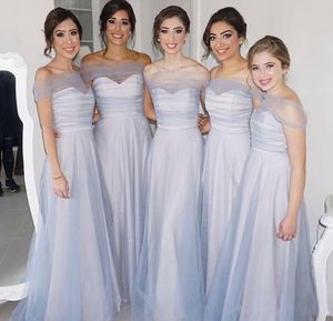 2019 Yeni Varış Açık Mavi Gelinlik Modelleri Düğün Için Bir Hattı Kapalı Omuz Illusion Kat Uzunluk Tül Artı Boyutu Parti Parti Abiye