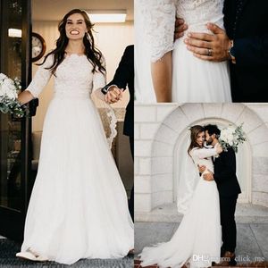 Tanie Plus Size Plaża Suknie ślubne 1/2 Rękawy Koronkowe Aplikacje Szyfonowa Długość podłogi Boho Styl Wedding Suknie Suknie Ślubne