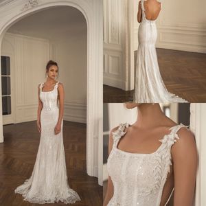 2020 Abiti da sposa sexy con paillettes A Line Abiti da sposa eleganti con applicazioni di pizzo scoop Abiti da sposa lunghi senza schienale su misura