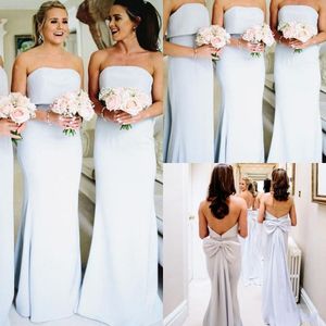 Ny Hot Sale Billiga Brudtärna Klänningar Strapless Chiffon Ärmlös Sexig Öppna Tillbaka Med Big Bow Wedding Guest Dress Maid of Honor Gods