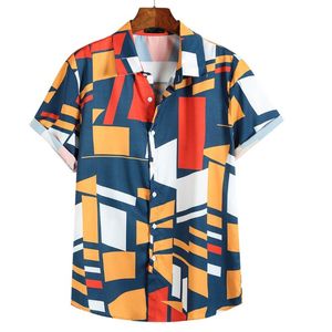 Mens contraste cor geométrica impressão camisa gola virada para baixo manga curta camisas masculinas soltas coloridas color block camisa masculina