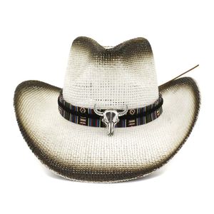 Svart Spray Paint Bull Head Decoration Unisex Kvinnor Män Panama Style Hat Wide Large Brim Sun Visor Caps Paper Straw Cowboy Hats