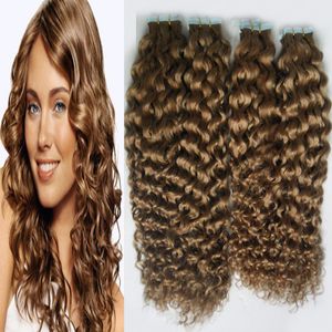 Tape In Human Hair Extension 200g obearbetad brasiliansk kinky Curly Virgin Hair 80st Seamless Skin Weft Hair Salon