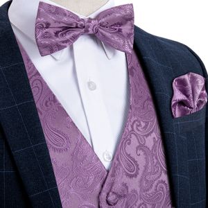 Fast Shipping Men&#039;s Purple Pink Paisley Silk Jacquard Waistcoat Vest Bow Tie Pocket Square Cufflinks Set Fashion Party Wedding MJ-0111