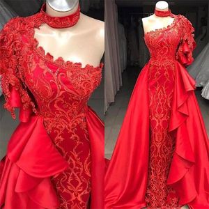 High Collar Red Mermaid Evening Dresses Lace Sequined Sweep Train Overskirt Prom Gowns Plus Size One Shoulder Beaded Party Dress
