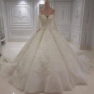 Luxury Beading Crystal Long Wedding Dresses Sheer Mesh Top Wedding Gowns Lace Appliques Long Sleeve Bride Dresses Vestido De Noiva