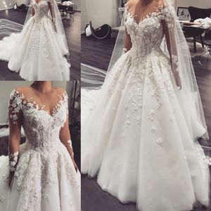 2020 Nowy Luksusowy Linia Suknie Ślubne Sheer Neck Lace 3D Floral Aplikacje Długie Rękawy Plus Size Court Train Puffy Suknie Ślubne