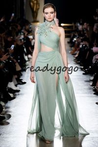 Sage Mint Split Prom Formal Dresses with Gold Lace Floral High Neck Elie Saab Flowy Indian Celebrity Evening Gown with Ribbon
