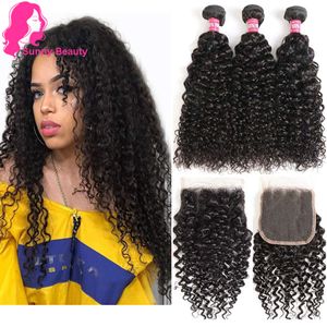Brazilian Curly Hair Weave 3 Bundles with Lace Closure Free Part 4x4 8A 100% Unprocessed Brizilian tight Curl Hairs Weaving Bundels