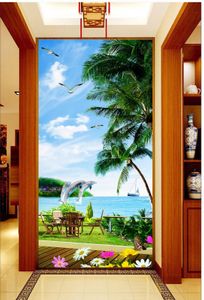 Custom Beach Coconut Grove Beautiful Dolphin Seascape 3D Wallpaper Indoor Porch Background Wall Decoration Mural Wallpaper