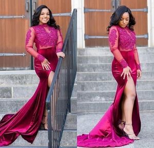 African Plus Size Prom Dresses High Neck Long Sleeves Formal Dress For Women Lace Appliques Beaded High Side Split Evening Gowns