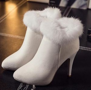 Small Big Size 33 to 42 43 White Fur Boots Bridal Wedding High Heel Shoes Keep Warm Winter Ankle Bootie