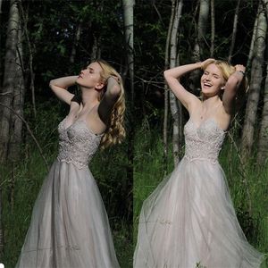 Eleganta gråaftonklänningar Sexiga Spaghetti Strap Ärmlös Backless Lace Sequins Appliqued Prom Gown Ruched Tulle Sweep Train Party Gown