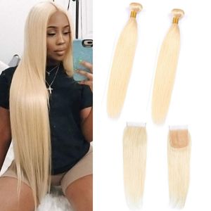 Indian Virgin Hair Silky Striaght Yirribeauty 613 # Blonda buntar med 4x4 spetslås Mellanre tre ledig Straight Human Hair Wefts