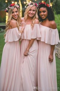 Blush Pink Bohemian Junior Bridesmaid Dresses Sexig Ruched Off Shoulder Chiffon Long Prom Klänningar Billig Pretty Party Dress for Weddings