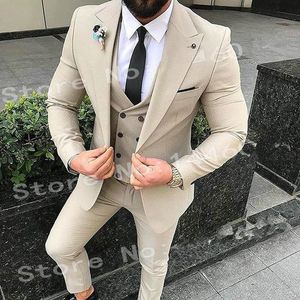 Popular One Button Beige Groomsmen Peak Lapel Groom Tuxedos 3 Piece Men Suits Wedding/Prom Man Blazer Jacket Pants Vest Tie X01