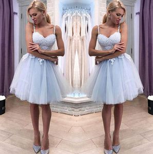 2019 Spaghetti Straps Gray Blue Lace A Line Homecoming Dresses Tulle Applique Knee Length Short Prom Party Cocktail Dresses