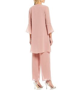 Terno rosa claro para mãe da noiva, calça de chiffon manga comprida com apliques de 3 peças chique plus size vestidos para mãe da noiva cus257a