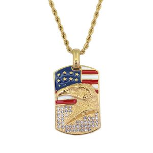 Hip Hop USA Flag Eagle Diamonds Wisiorek Naszyjniki Dla Mężczyzn Kobiety Amerykańska Ze Stali Nierdzewnej Luksusowy Naszyjnik Kubański Łańcuch Dog Tag Biżuteria