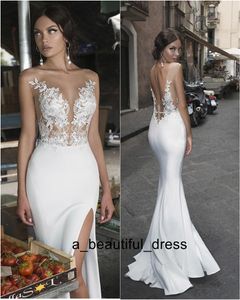 Sexy seitlich geschlitzte Brautkleider, Strand-Spitze-Applikationen, Illusion, Strand-Brautkleid, Satin, böhmische Hochzeit, formelles Kleid, Etui-Brautkleider