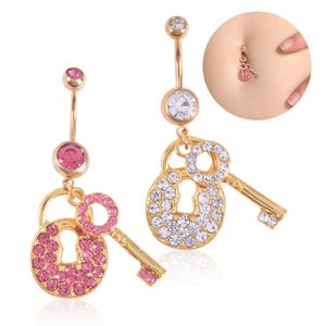 Sexig Wasit Belly Dance Crystal Body Smycken Rostfritt Stål Rhinestone Navel Bell Button Piercing Dangle Ringar För Kvinnor Guld Rosa Färg