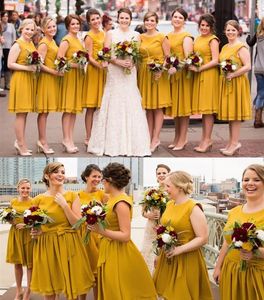 2024 Ny ankomst Yellow Bridesmaid Dresses Chiffon Jewel Neck Sashes Summer Beach Short Ruffle For Wedding Guest Dress Maid of Honor Gowns 403